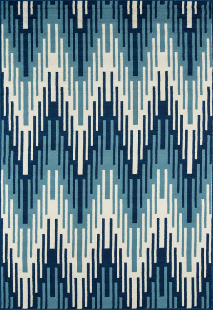 Blue-toned geometric rug with repeating vertical ladder-like bars in navy, teal, light blue and white.