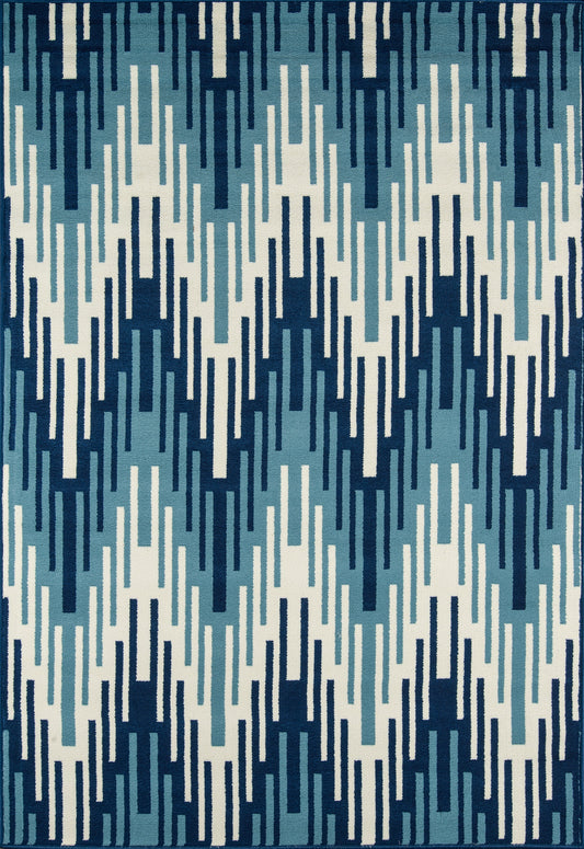 Blue geometric rug with repeating vertical rectangular bars in navy, teal, light blue and ivory.