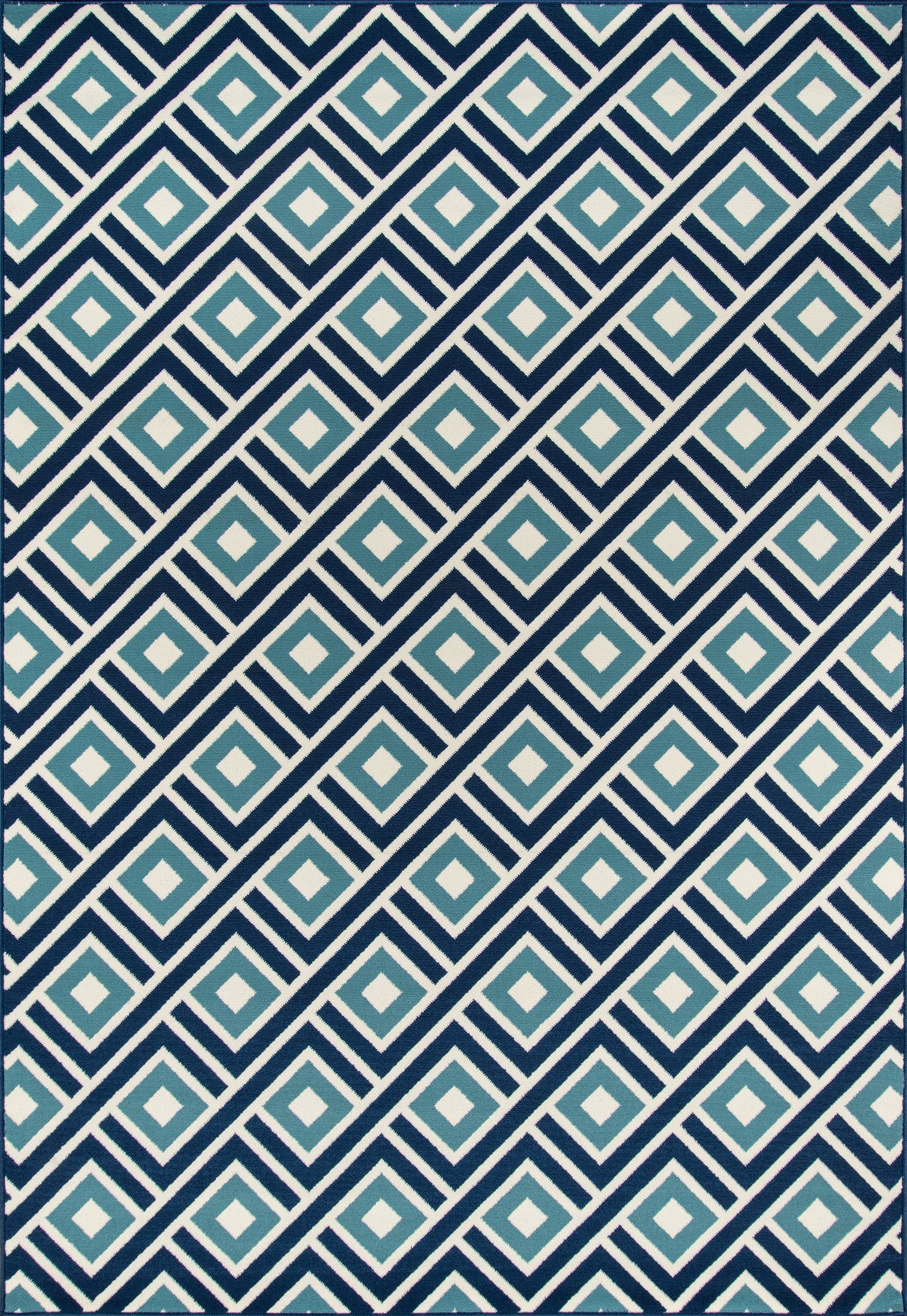 Blue geometric fabric with diagonal navy, teal & white diamond chevron pattern.