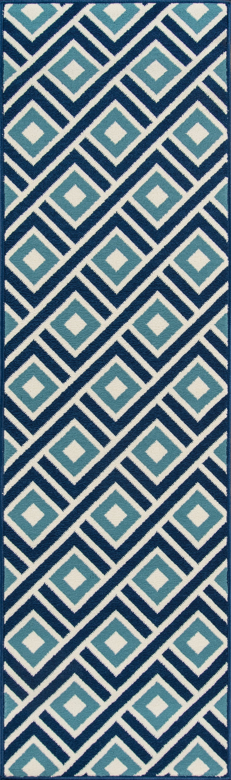 Navy blue geometric diamond runner rug with teal and light-blue squares; modern coastal pattern for hallway or entryway.