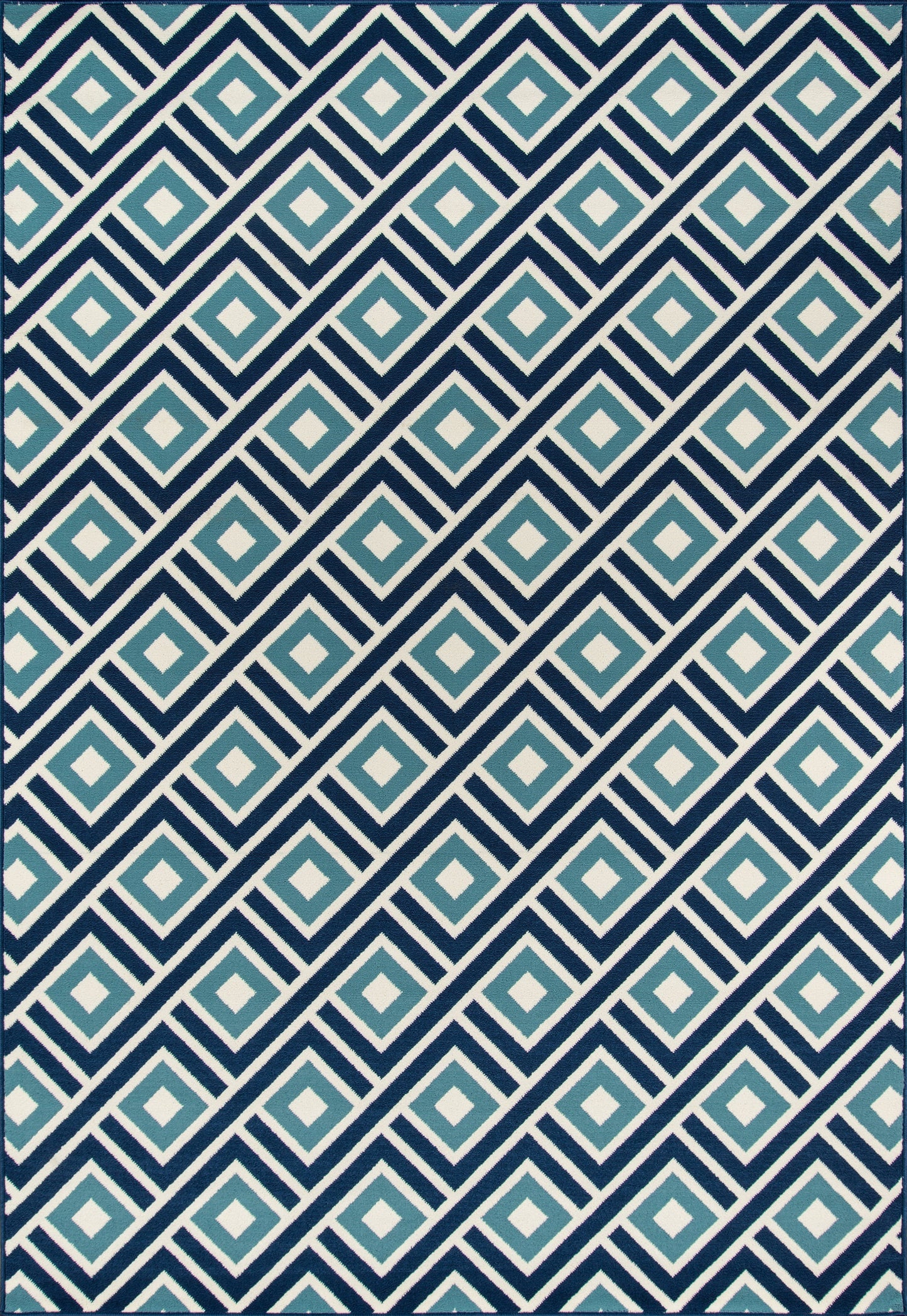 Diagonal navy and teal diamond pattern fabric with nested squares and white borders.