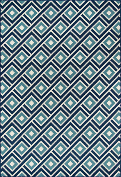 Diagonal navy and teal diamond pattern fabric with nested squares and white borders.