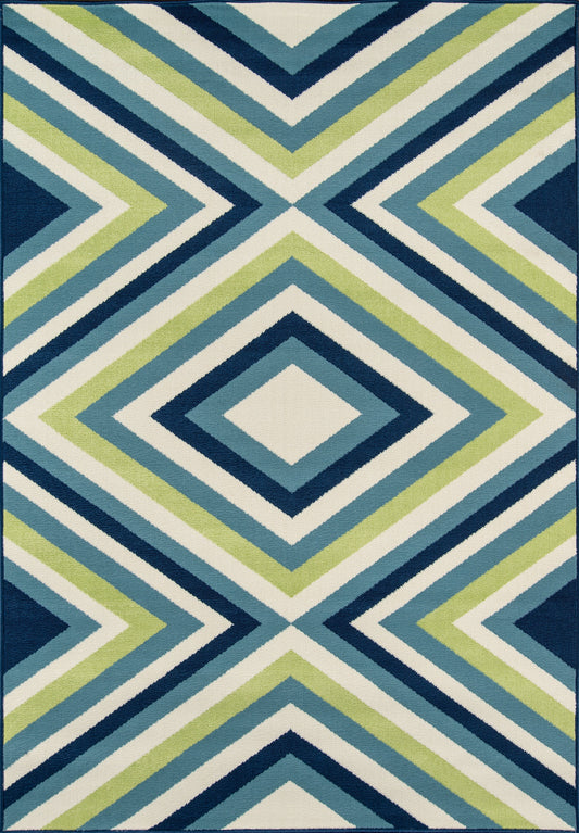 Geometric diamond chevron area rug in navy, teal, aqua, lime and white with bold repeating pattern.