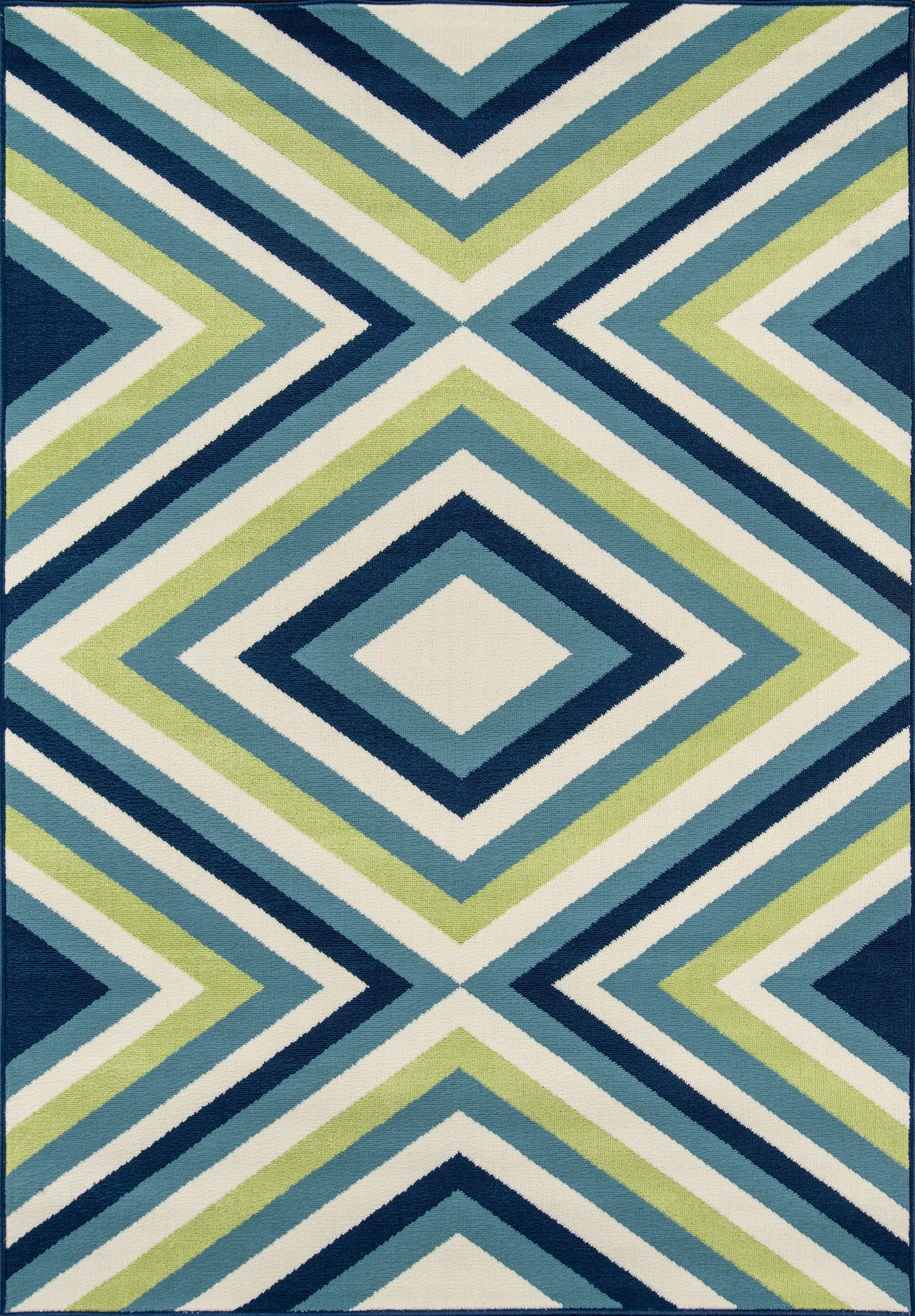 Geometric diamond chevron rug in navy, teal, lime green and white; bold contemporary motif.