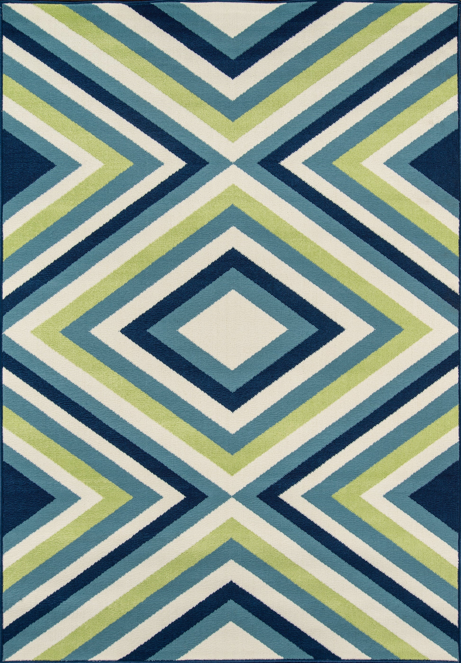Geometric diamond chevron rug in navy, teal, lime green and white; bold contemporary motif.