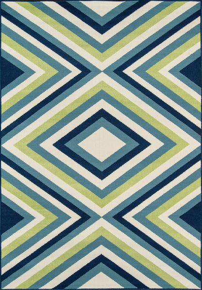 Geometric diamond chevron rug in navy, teal, lime green and white; bold contemporary motif.