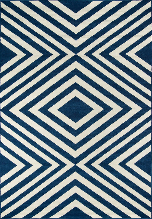 Navy and ivory geometric chevron rug with concentric diamond motifs for a bold, modern accent.