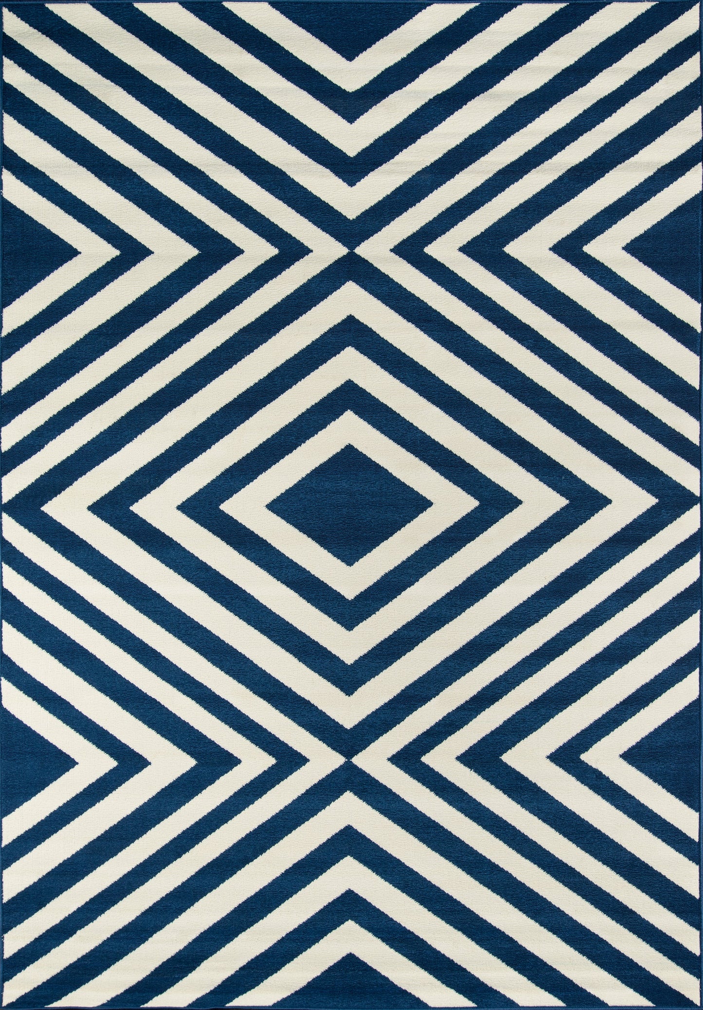 Navy and cream geometric rug with concentric diamond motifs and chevron lines.