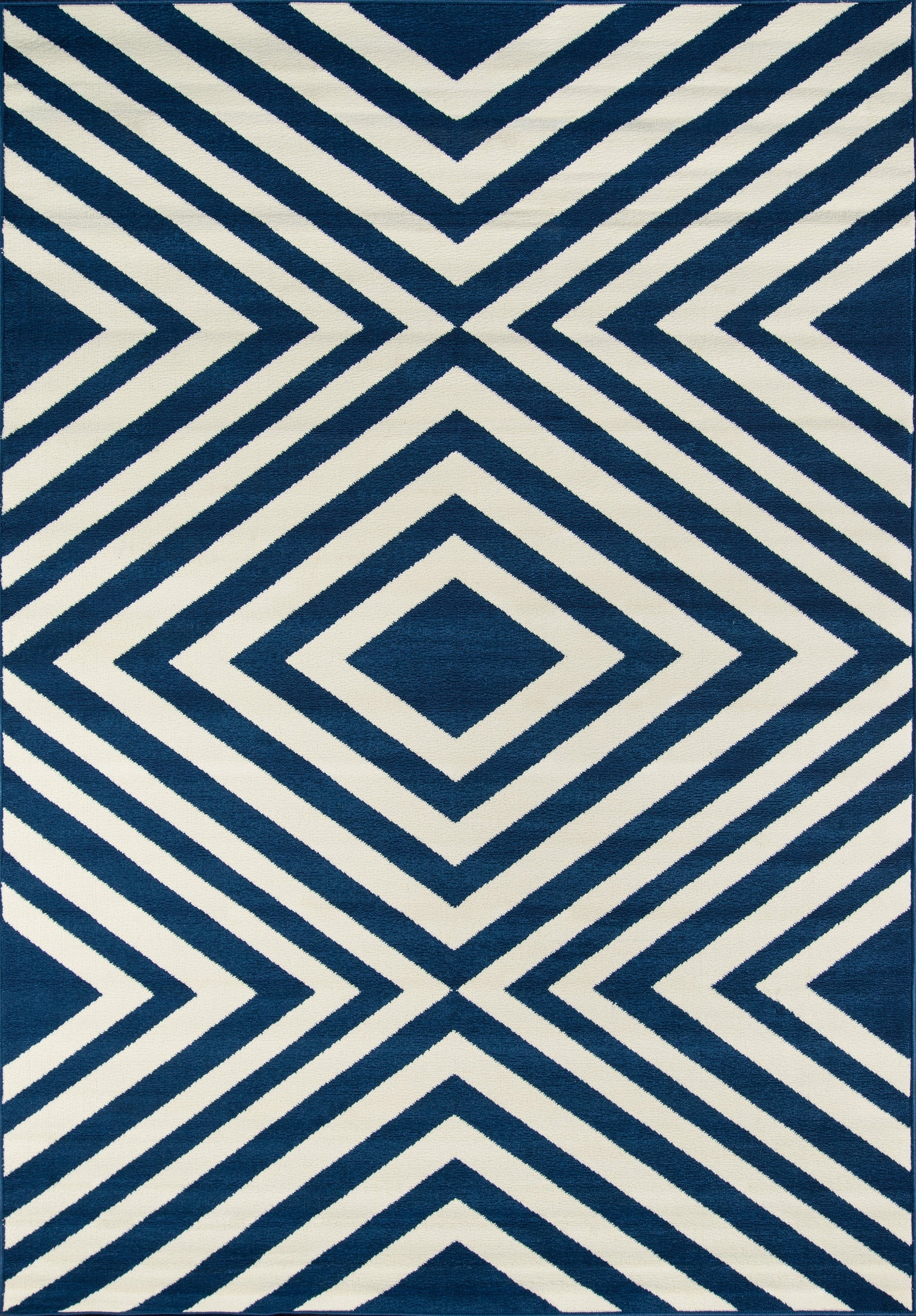 Navy and cream geometric rug with concentric diamond motifs and chevron lines.