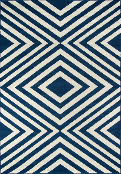 Navy blue and white geometric diamond rug with concentric diamond pattern for a bold modern look.