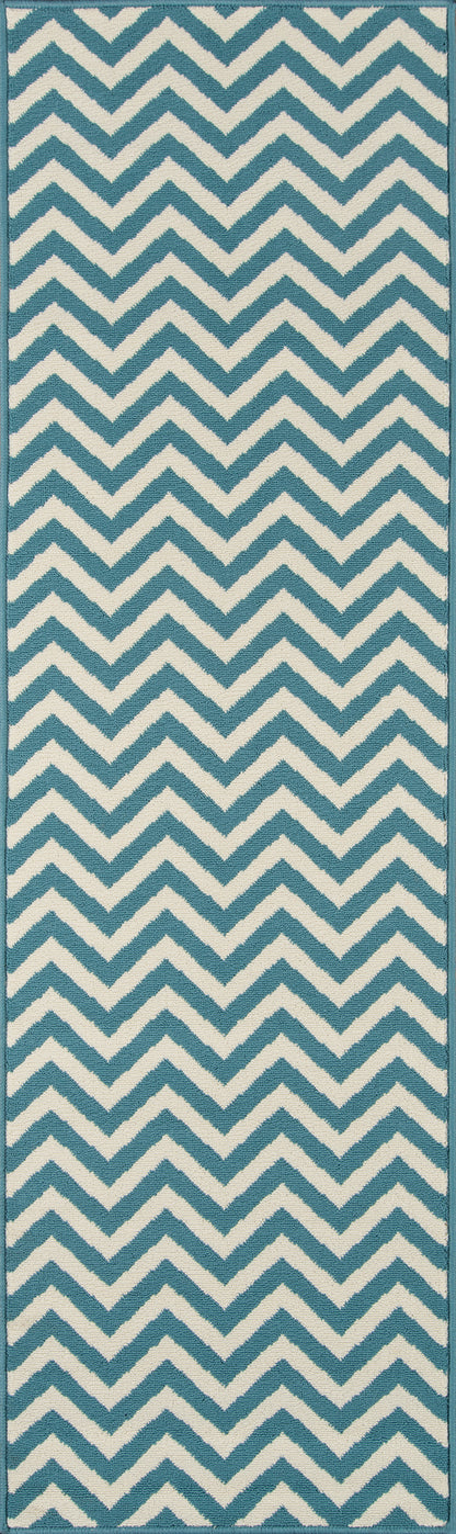 Rectangular blue and white chevron rug runner with teal border, textured weave.