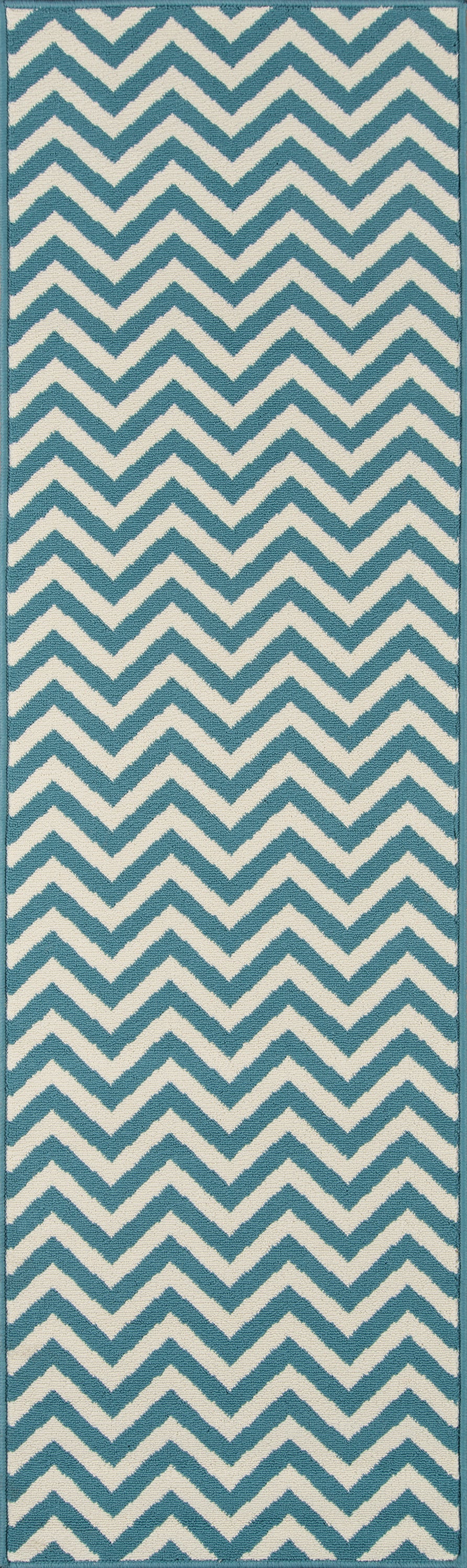 Blue & white chevron rug with teal border; rectangular 5' x 8' rug.