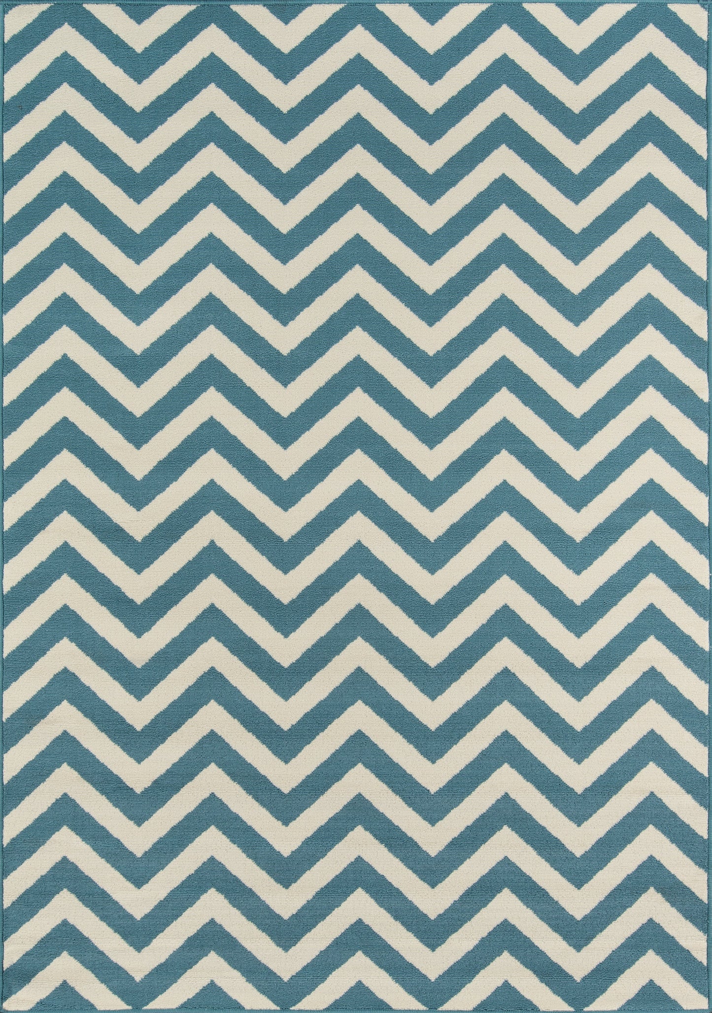 Teal gradient rug with blue-and-white chevron borders along the top and bottom