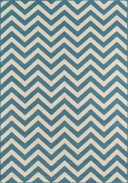 Teal gradient rug with blue-and-white chevron borders along the top and bottom