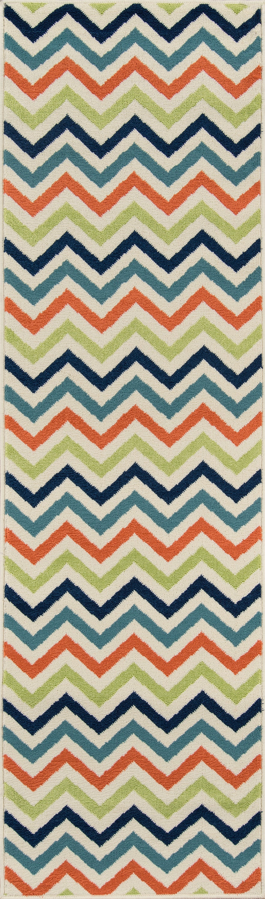 Chevron zigzag rug in navy, teal, coral, lime green on cream; contemporary coastal style.