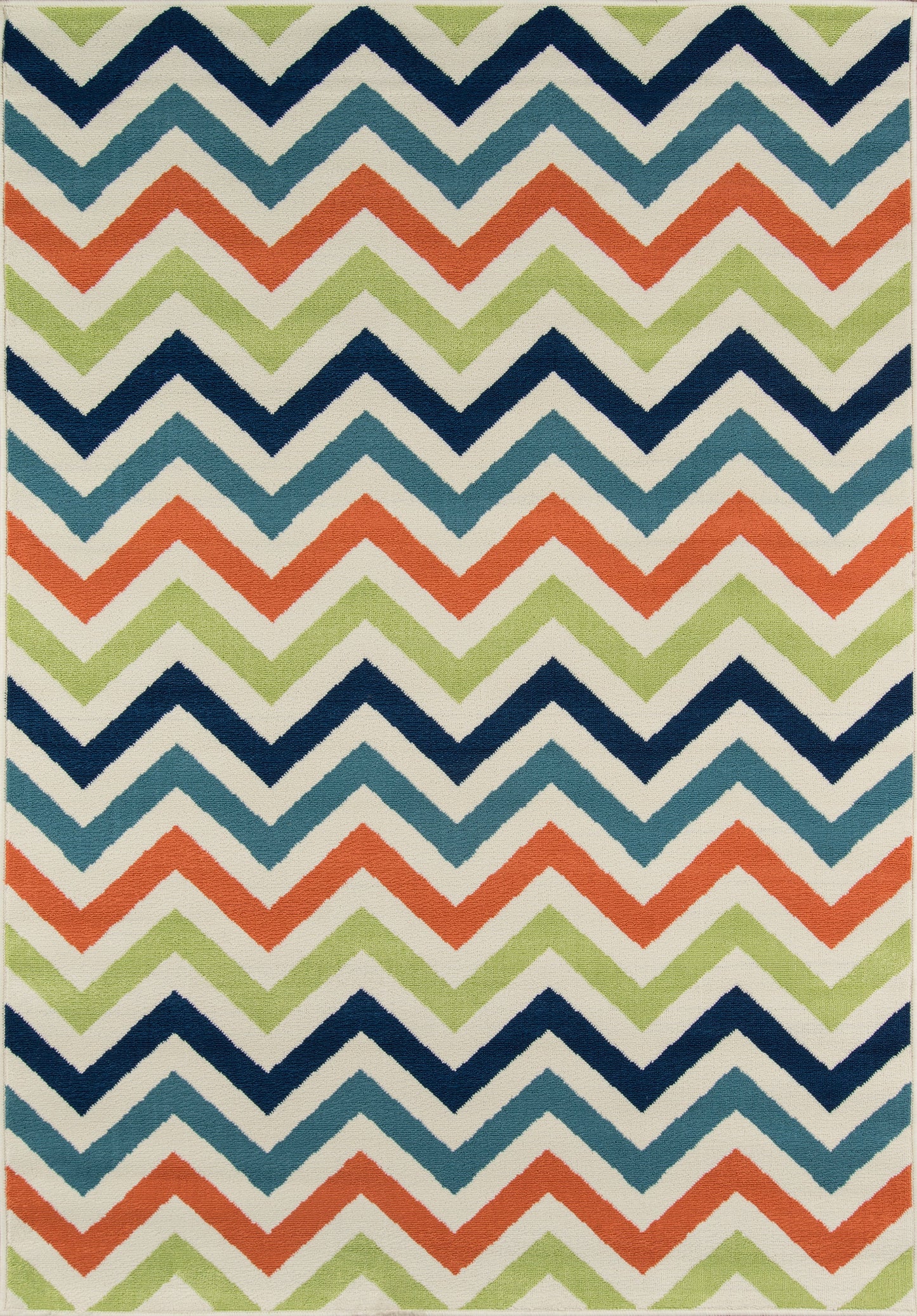 Chevron zigzag rug with navy & teal & lime green & coral orange on cream background; coastal style.