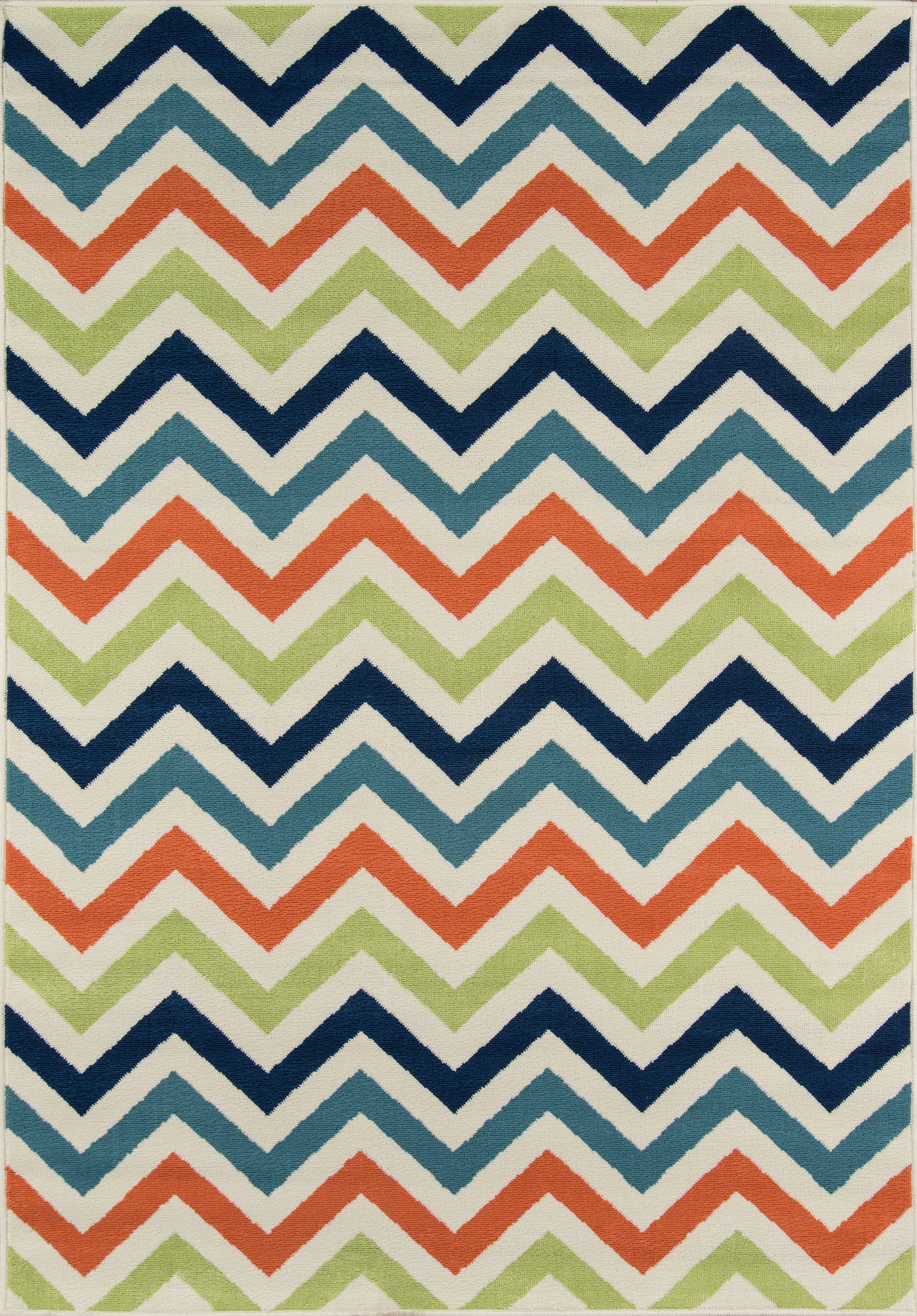 Chevron zigzag rug with navy & teal & lime green & coral orange on cream background; coastal style.