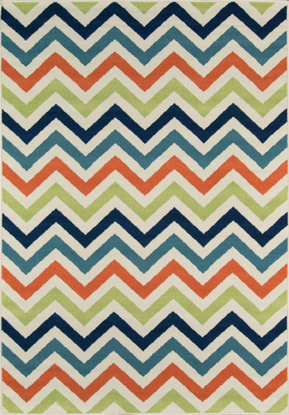Rectangular woven rug with bold multicolor chevron pattern in navy, teal, coral, lime and cream.