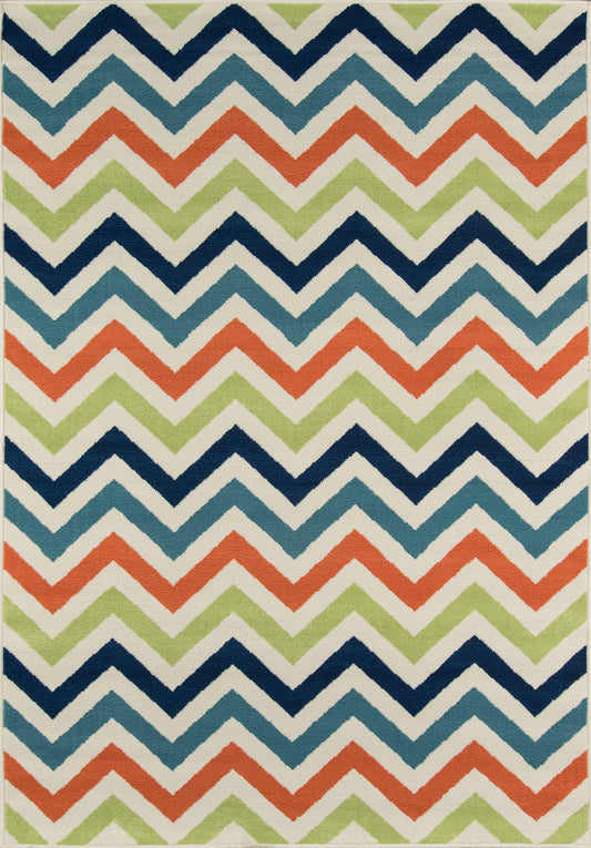 Rectangular woven rug with bold multicolor chevron pattern in navy, teal, coral, lime and cream.
