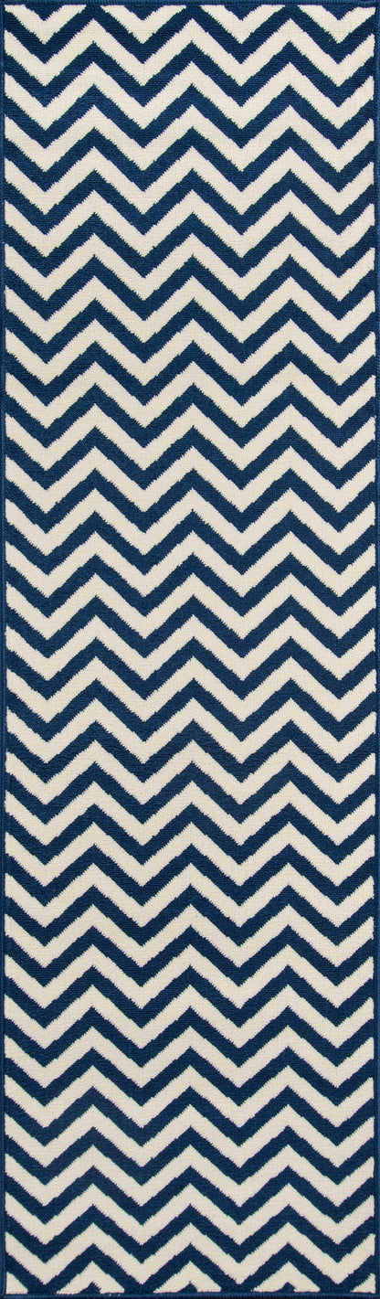 Navy and white chevron rug with bold zigzag pattern, rectangular coastal design.
