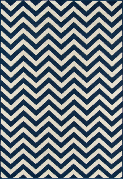 Navy and cream chevron rug with bold zigzag pattern, rectangular area rug for modern living spaces.