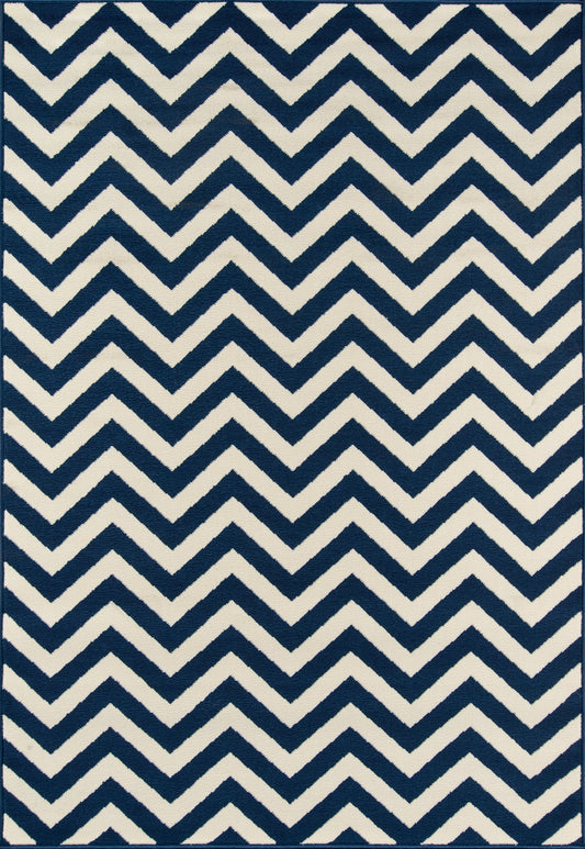 Navy and cream chevron rug with bold zigzag pattern, rectangular area rug for modern living spaces.