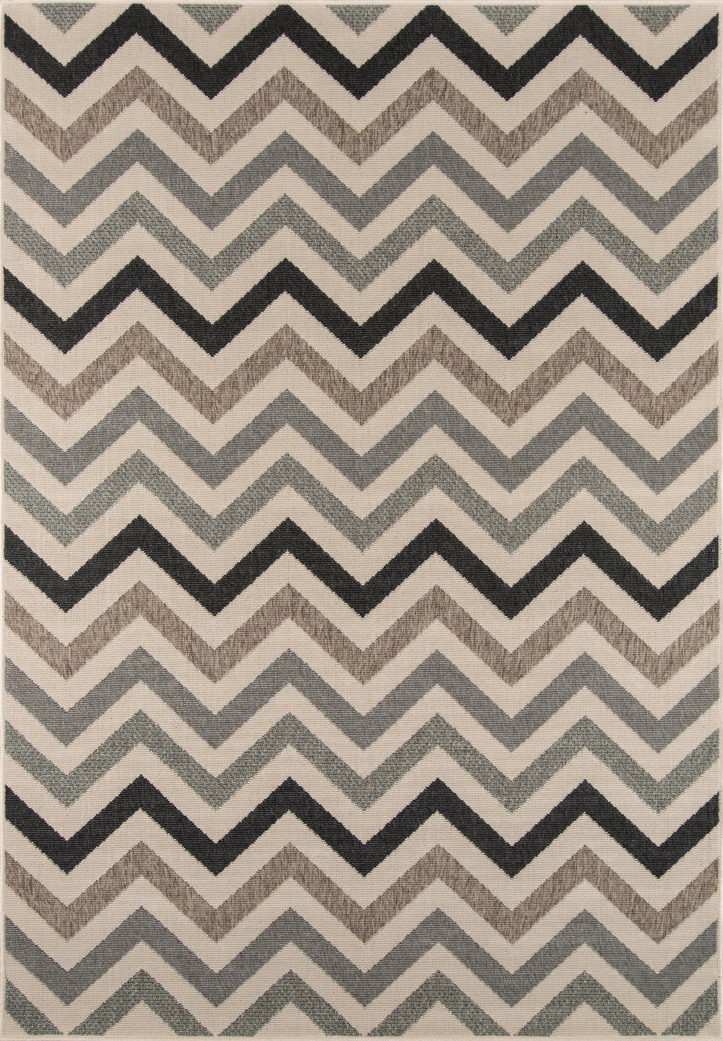 Neutral chevron area rug with layered zigzag stripes in black, charcoal, taupe, gray and beige.