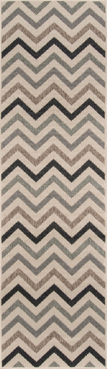 Rectangular area rug with beige, gray, black chevron zigzags and teal accents.