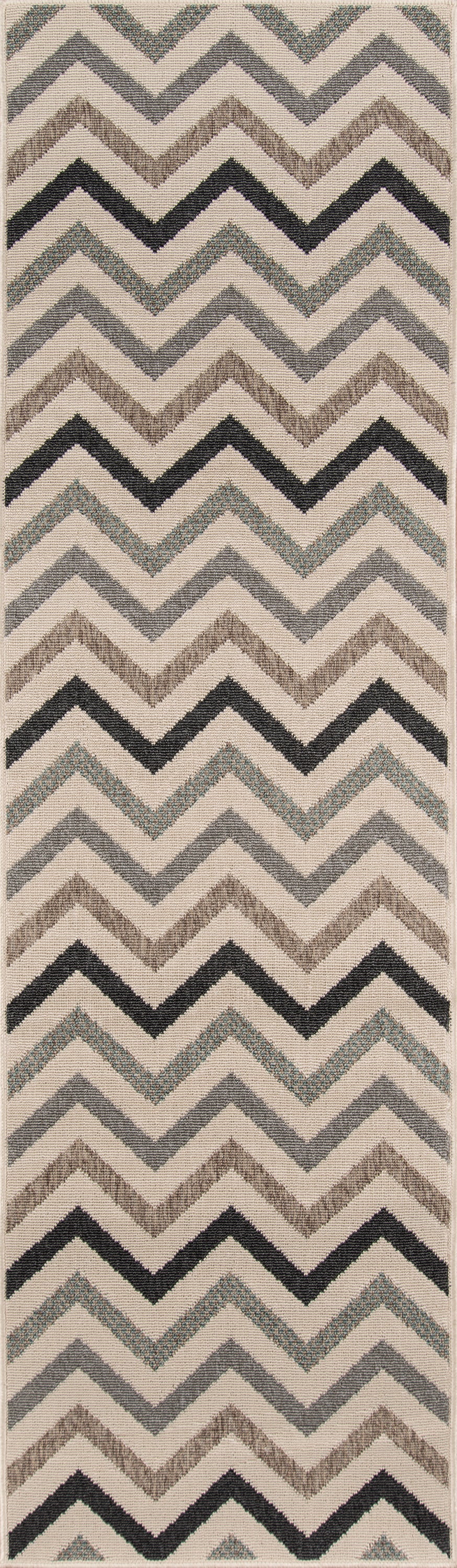 Runner rug with chevron zigzag in ivory, beige, taupe, gray, charcoal and teal; woven textured flatweave.