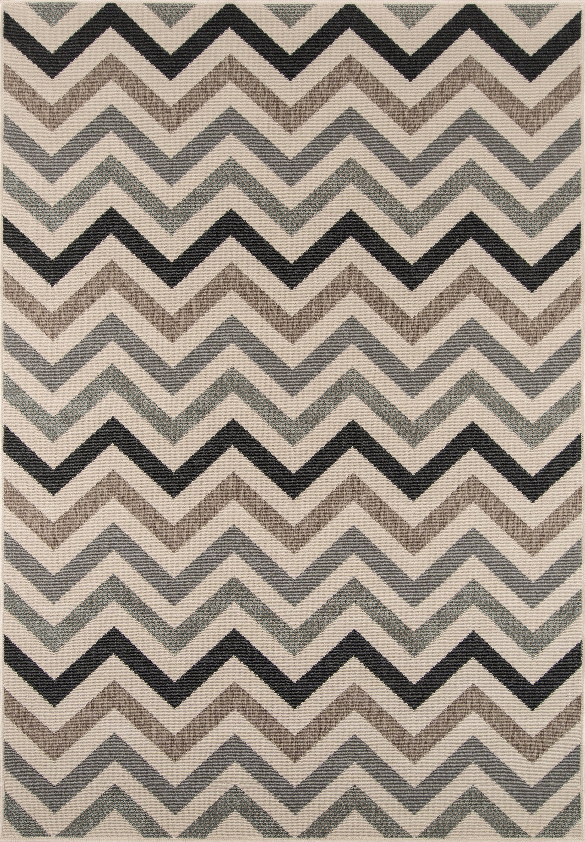 Chevron rug with neutral beige, gray, taupe and black zigzag pattern; soft woven texture, rectangular shape.