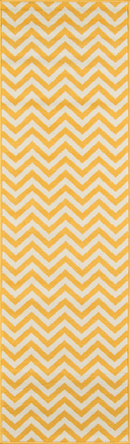 Yellow and white chevron area rug, woven textile, 5' x 8', for hallway or entryway.
