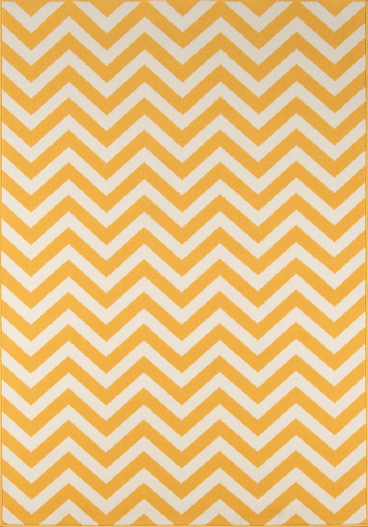 Mustard yellow chevron rug with white zigzag pattern for bold geometric decor.