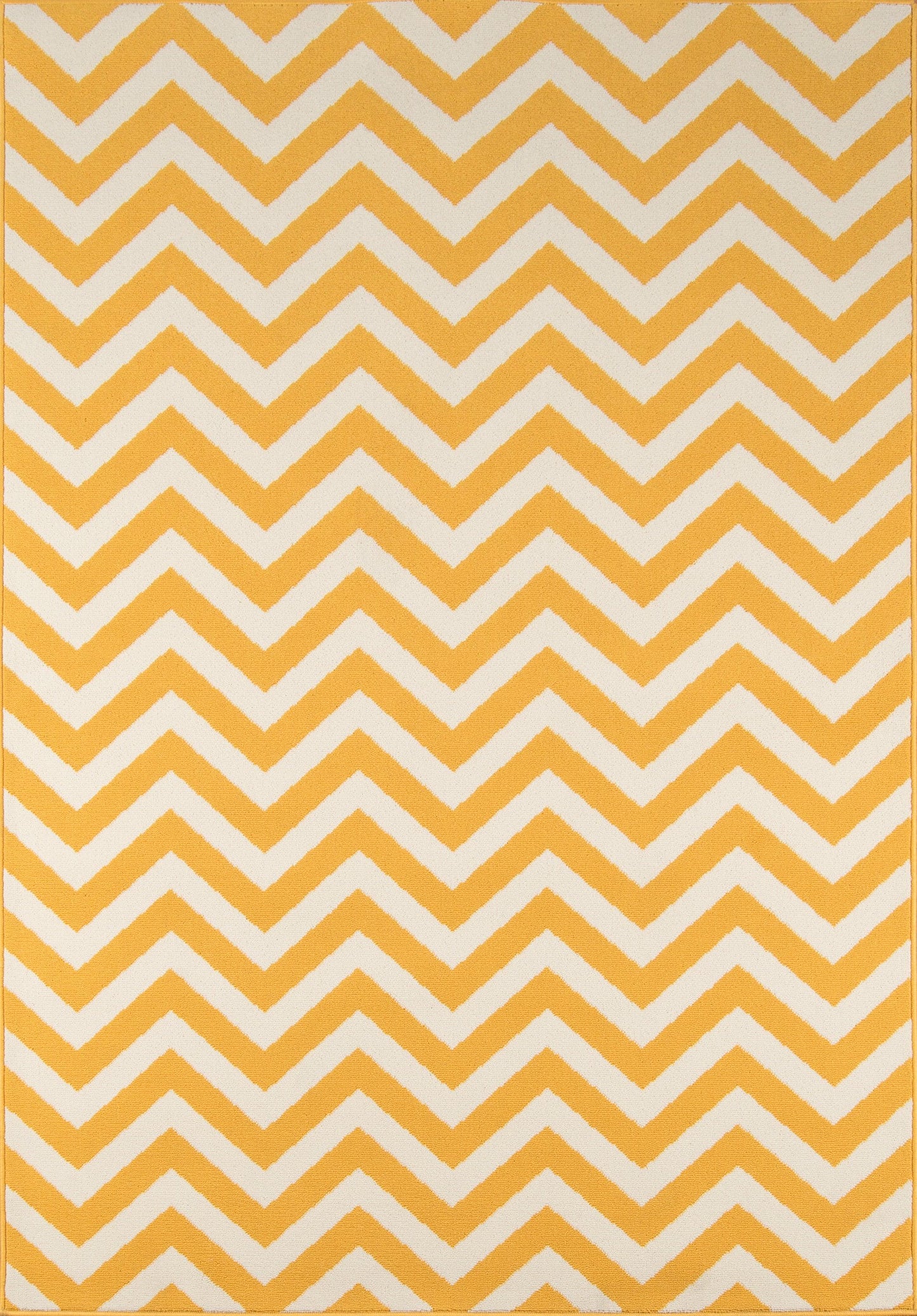 Mustard-yellow rug with white chevron zigzag pattern; bold geometric decor accent.