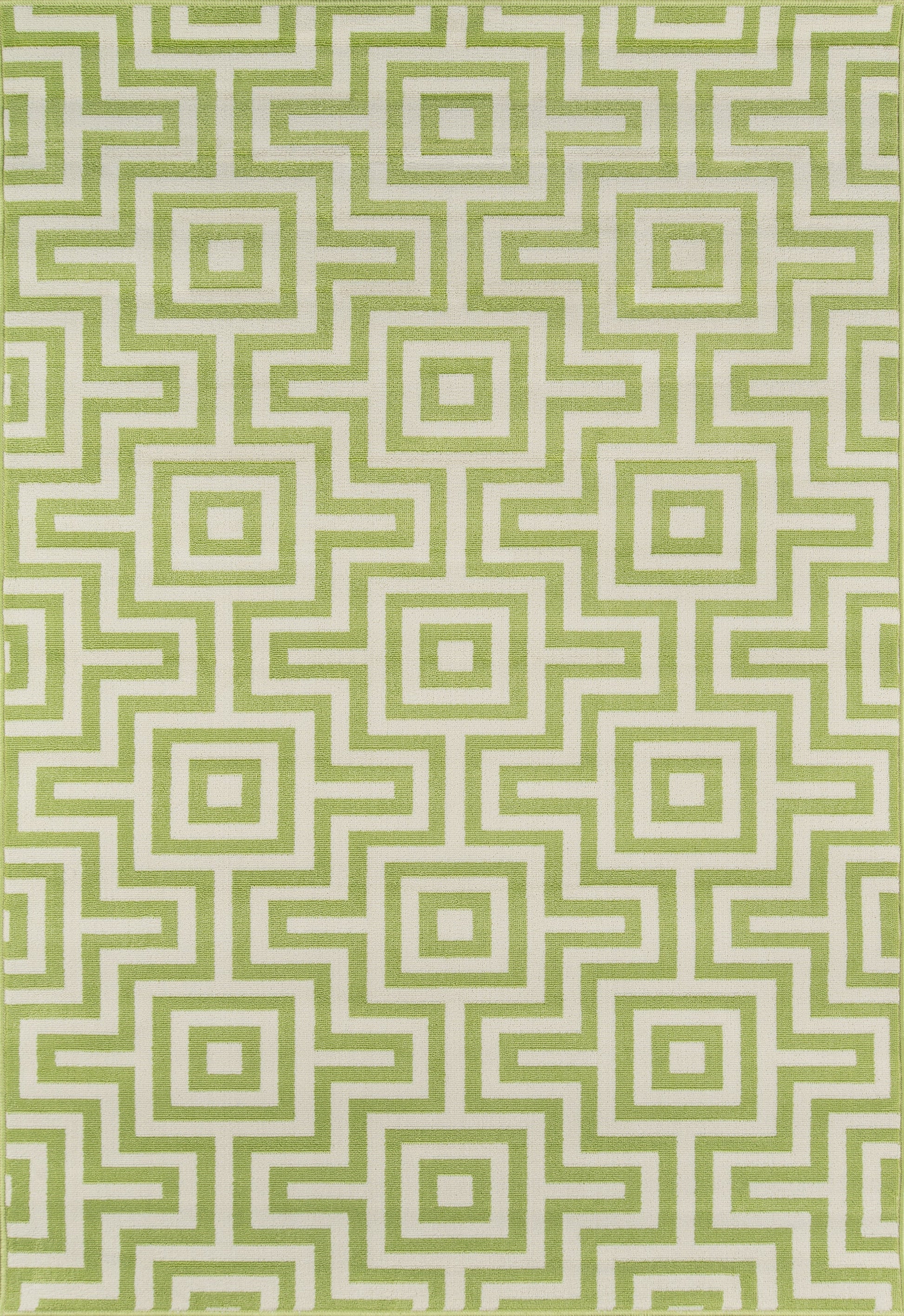Lime green and white geometric rug with concentric square maze pattern, modern minimalist decor.