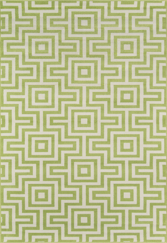 Lime green and white geometric rug with concentric square maze pattern, modern minimalist decor.