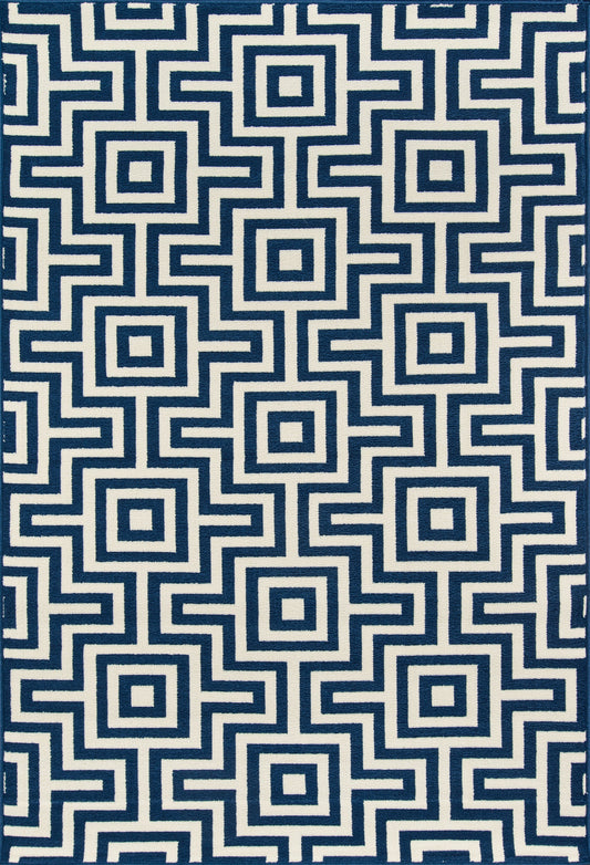 Navy blue and white geometric rug with interlocking concentric square pattern.
