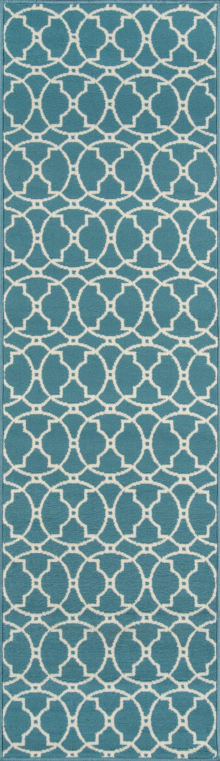 Blue-teal rug with a white circular lattice (trellis) pattern; 7' x 10'.