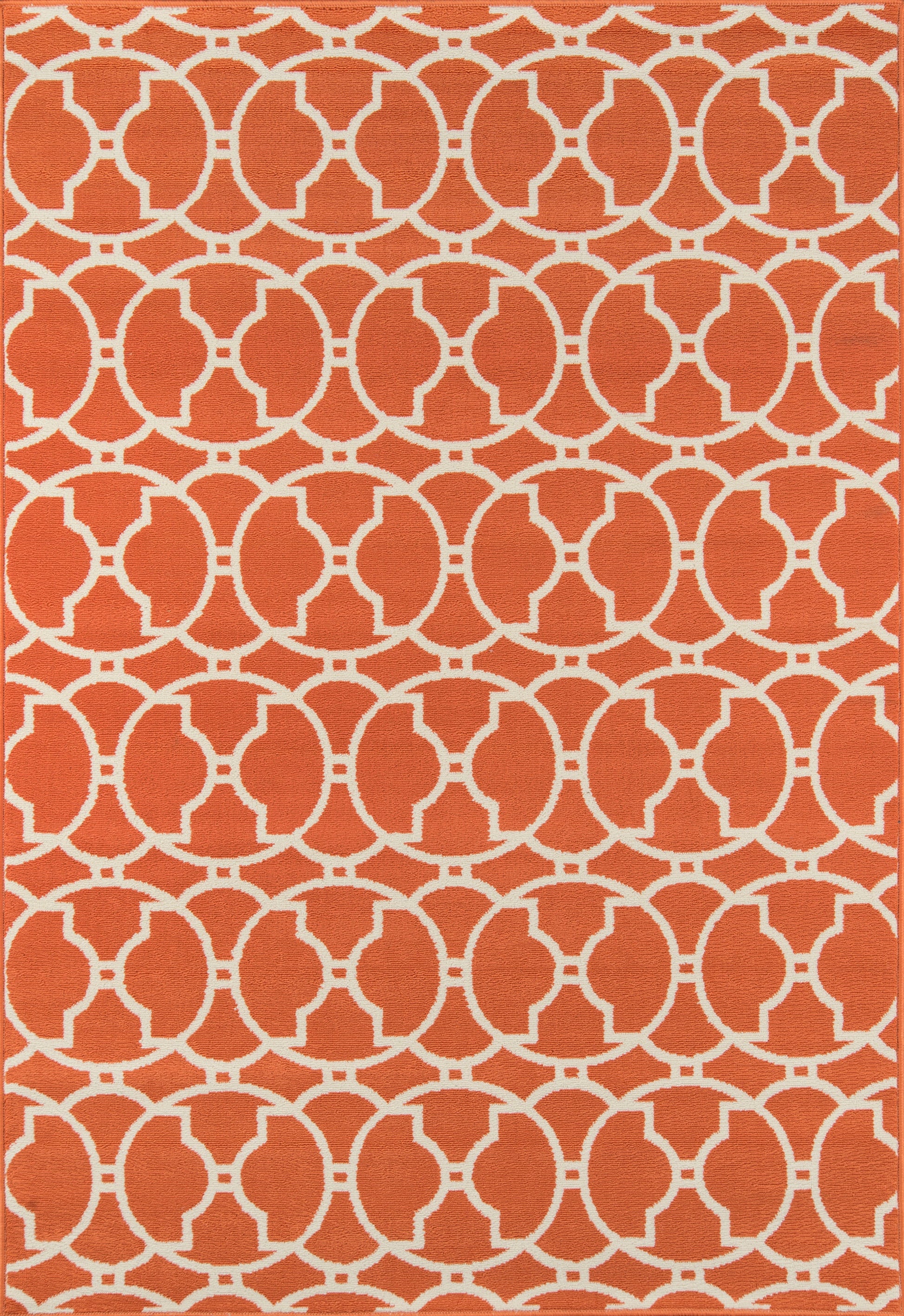 Orange rug with white interlocking circle lattice pattern; bold geometric indoor floor decor.
