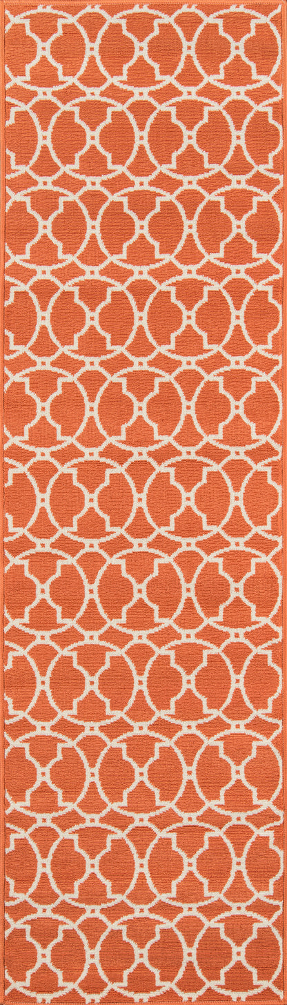 Orange rug with a white interlocking circular lattice pattern; bold geometric design.
