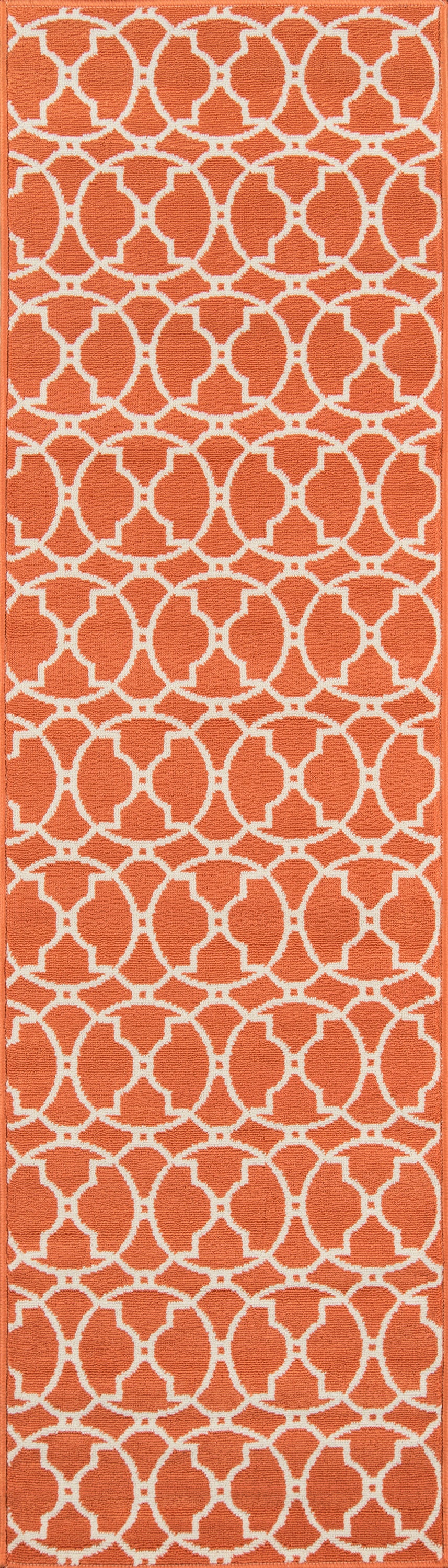 Orange rug with a white interlocking circular lattice pattern in repeating columns; 7' x 10'.