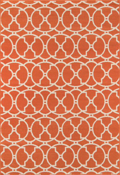 Orange rug with white interlocking circular lattice pattern; modern geometric textile.