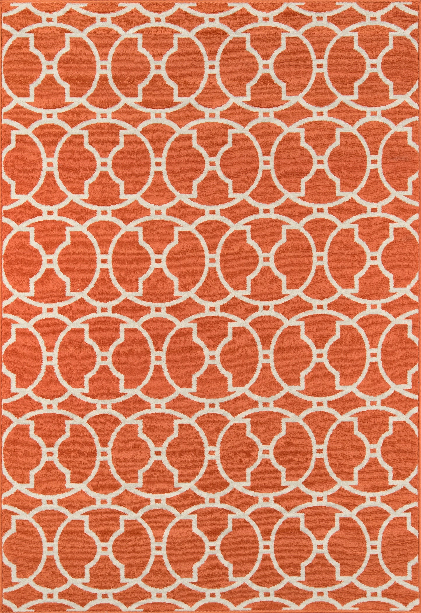 Orange rug with white interlocking circular lattice pattern; bold geometric, modern home decor.