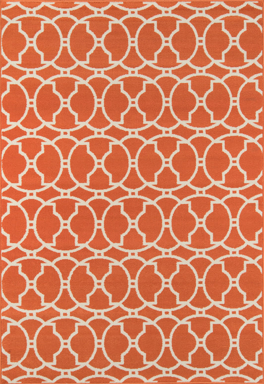 Orange rug with white interlocking circular lattice pattern; bold geometric, modern home decor.