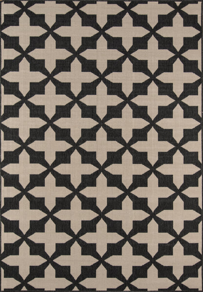 Beige 2' x 4' rug with dark navy cross motifs in a repeating grid; textured woven surface.
