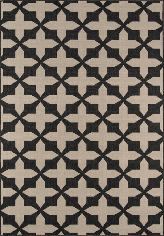 Beige 2' x 4' rug with dark navy cross motifs in a repeating grid; textured woven surface.