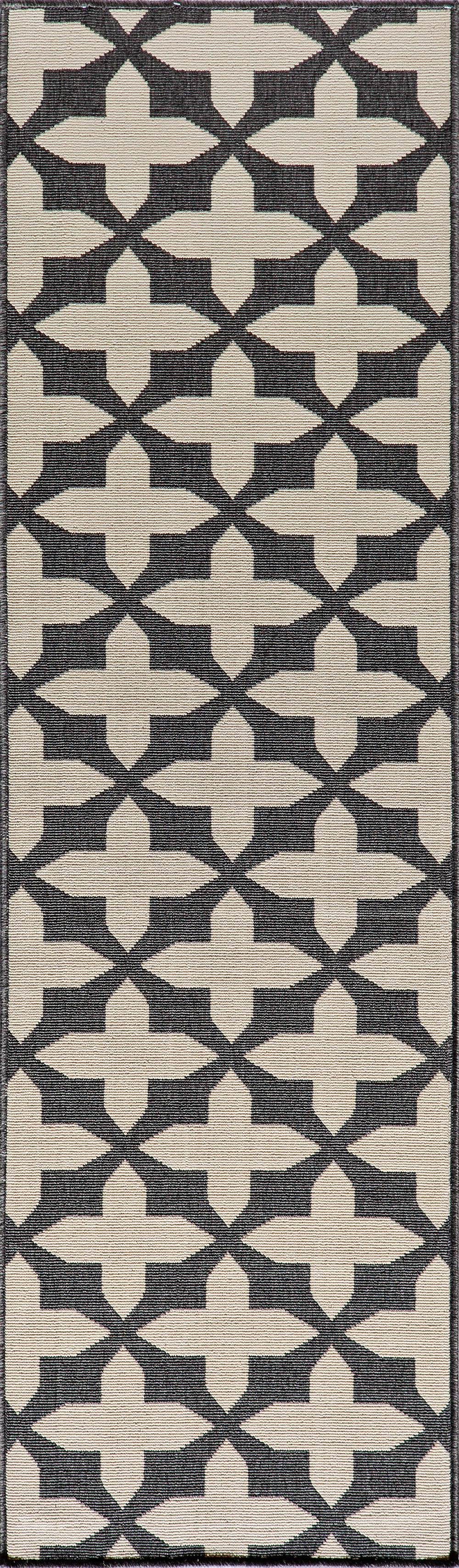 Navy and beige geometric lattice rug with cross/quatrefoil motif; rectangular, modern traditional design.