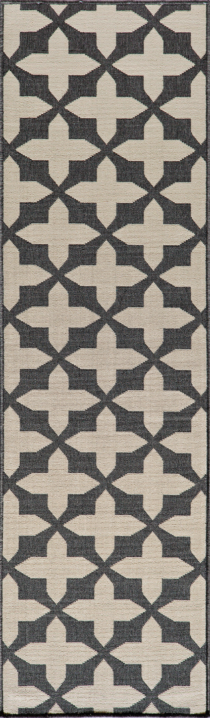 Navy and beige geometric lattice rug with cross/quatrefoil motif; rectangular, modern traditional design.