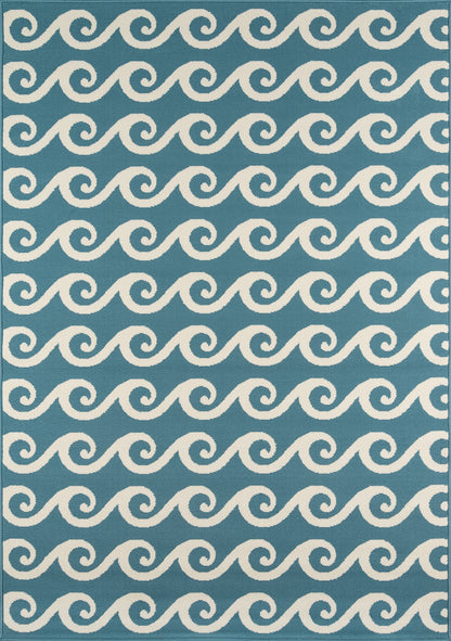 Blue area rug with repeated white wave pattern, coastal decor.