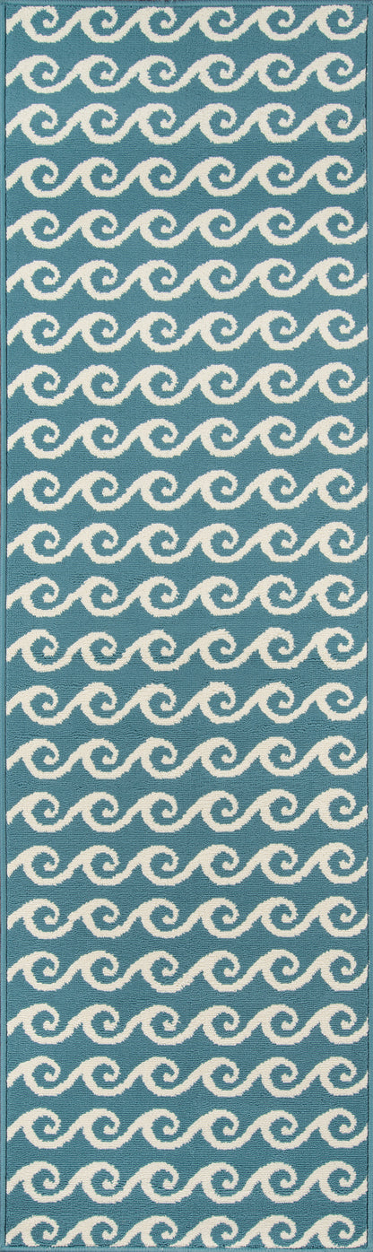 Blue rug with a white wave-scroll pattern; nautical-inspired.
