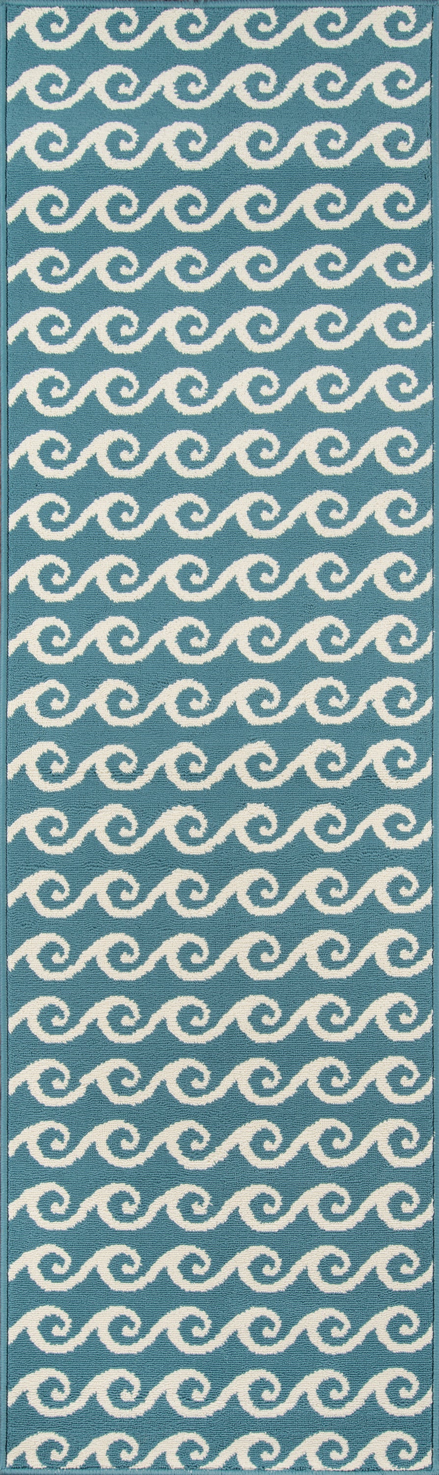 Teal blue textile with repeating white wave swirl pattern; nautical sea-inspired fabric print.